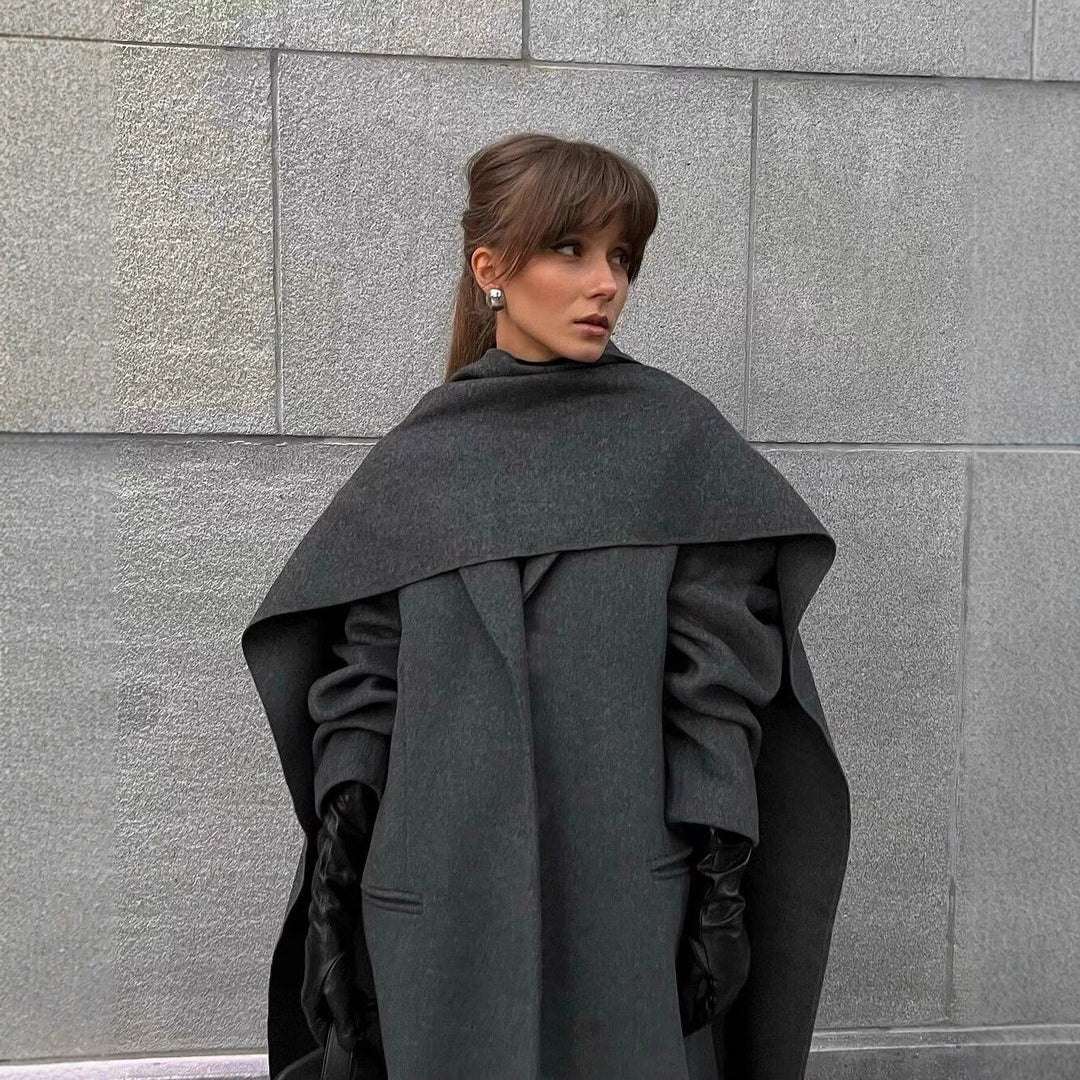 Damen Maxilanger Wollmix-Mantel mit integriertem Loop-Schal und cleanem Revers Drune