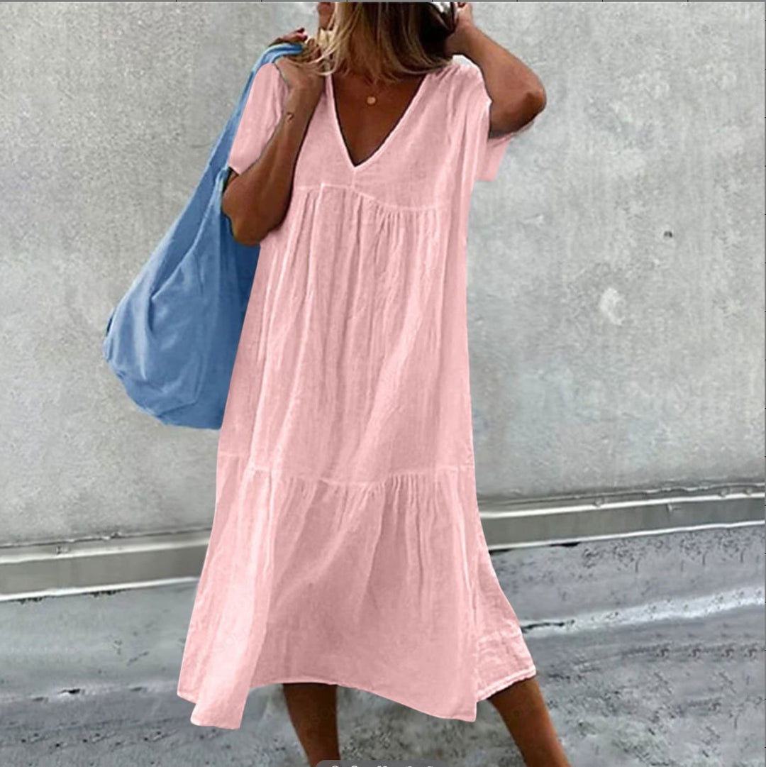 Damen Maxikleid mit modernem V-Ausschnitt und femininer Lockere Passform Drune