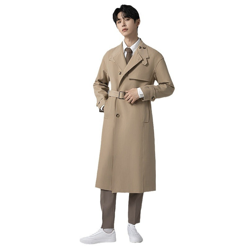 Herren Langer moderner Trenchcoat aus leichtem Twill mit verdeckter Knopfleiste und Taillenriegel Drune