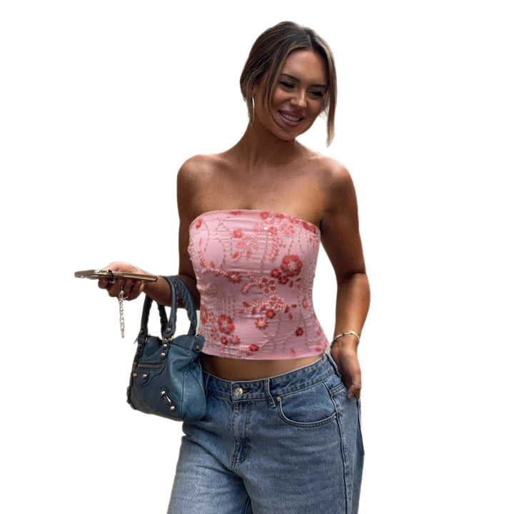Damen Push-Up Oberteil mit zartem Blumenmuster und funkelnden Pailletten Drune