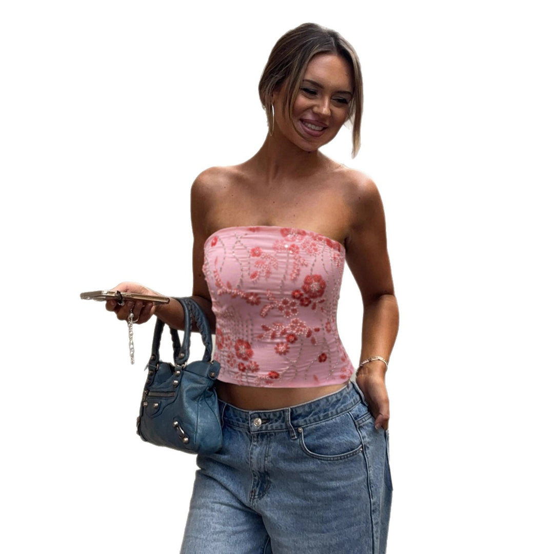 Damen eleganter Crop-Top mit Blumenstickerei und Pailletten Drune
