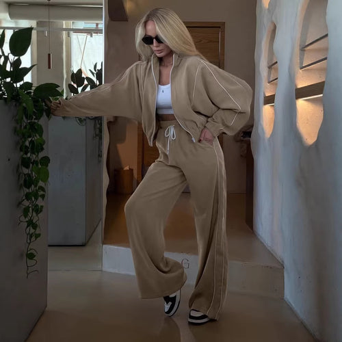 Damen kurzes Samt-Zip-Hoodie mit Tunnelzug und fließender Palazzo-Jogginghose Drune