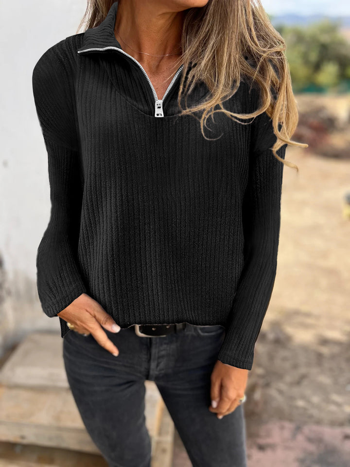 Damen Rippstrickpullover mit halbem Reißverschluss und Stehkragen Drune
