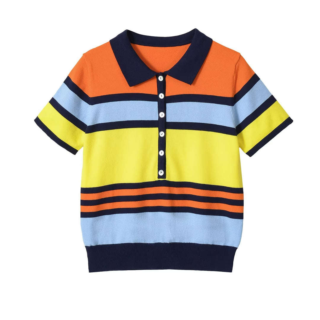 Damen Kurzärmeliges Strickpoloshirt mit Knopfleiste und Blockstreifen Drune
