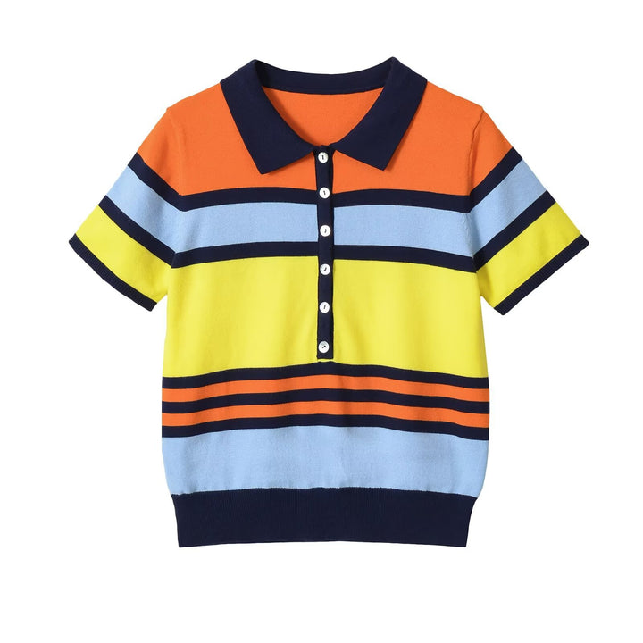 Damen Kurzärmeliges Strickpoloshirt mit Knopfleiste und Blockstreifen Drune