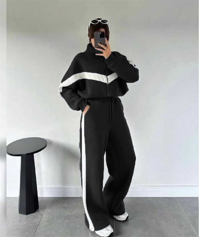 Damen nan zweiteiliges Lounge-Set mit Zip-Hoodie und weitem Highwaist-Hose mit Seitenstreifen Drune