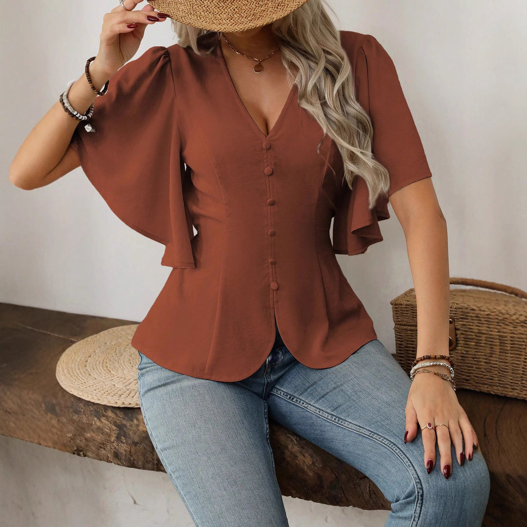 Damen V-Ausschnitt taillierte Bluse mit Schößchen und Volantärmeln Drune
