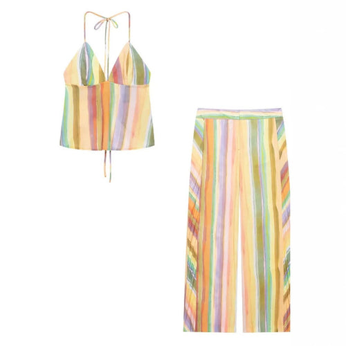 Damen Hochgeschnittene Palazzo‑Hose mit mehrfarbigem Aquarell‑Streifenmuster Drune