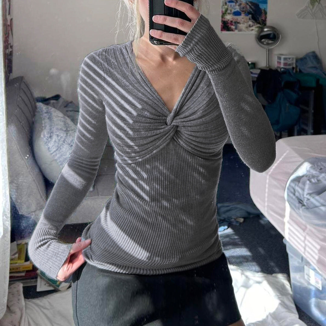 Damen Feinstrick-Pullover mit gedrehtem Vorderteil und taillierter Rippstruktur Drune