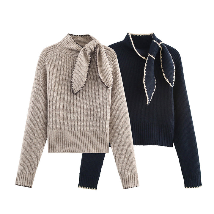 Damen Kurzgeschnittener Rippstrick-Pullover mit Hochkragen und integrierter Knoten-Schal Drune