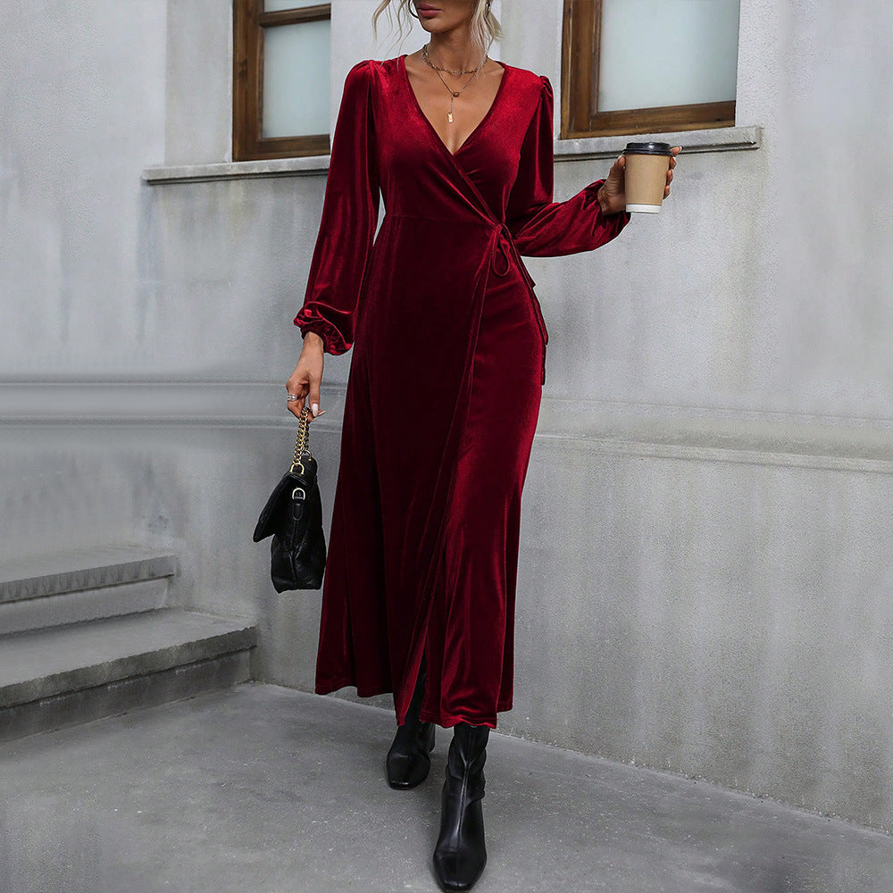 Damen elegantes Wickelkleid aus weichem Samt mit tiefem V-Ausschnitt und seitlichem Schlitz Drune