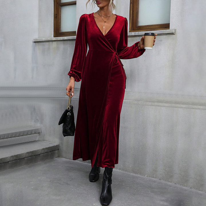 Damen elegantes Wickelkleid aus weichem Samt mit tiefem V-Ausschnitt und seitlichem Schlitz Drune