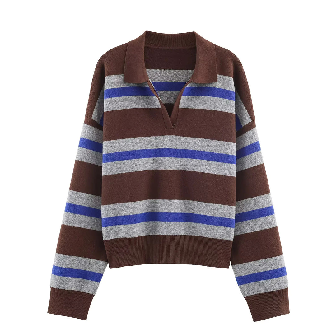 Damen nan oversized Rugby-Pullover mit Polokragen, V-Ausschnitt und breiten Streifen Drune