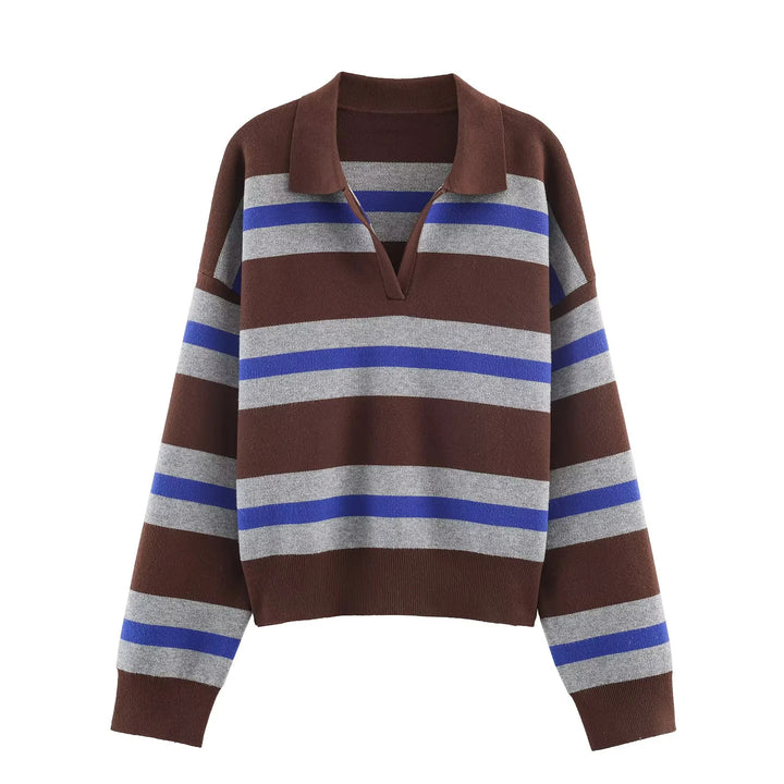 Damen nan oversized Rugby-Pullover mit Polokragen, V-Ausschnitt und breiten Streifen Drune