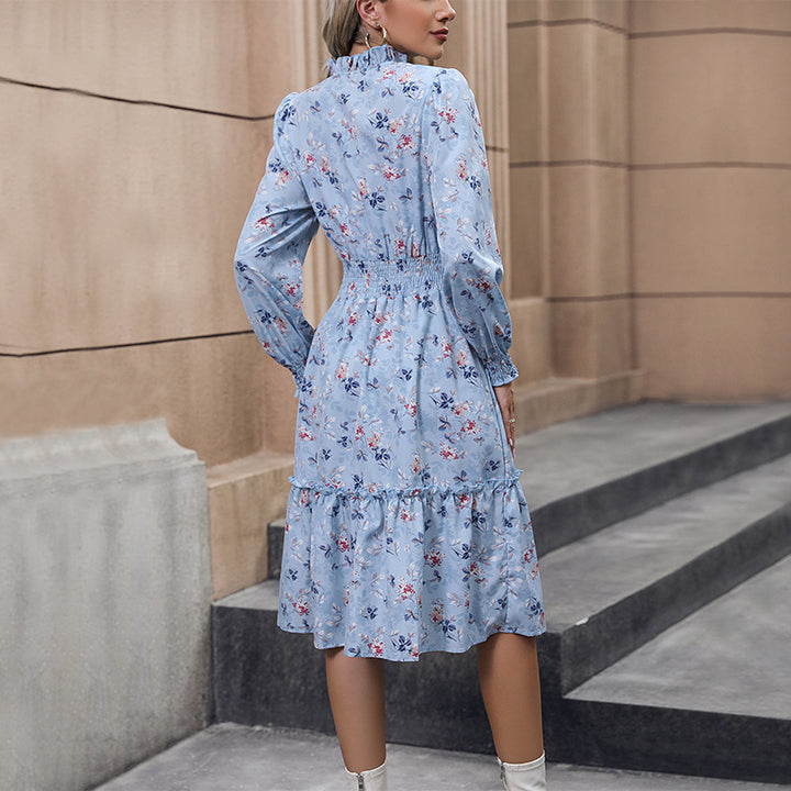Damen Floral Midi-Kleid mit Taillierung und Puffärmeln Drune