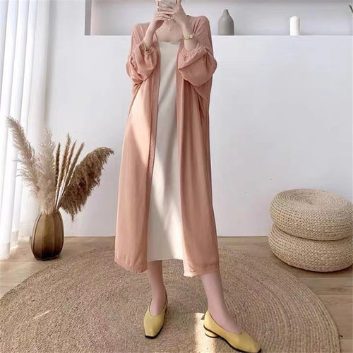 Damen Elegante lange Strickjacke mit ballonförmigen Ärmeln und offenen Front Drune