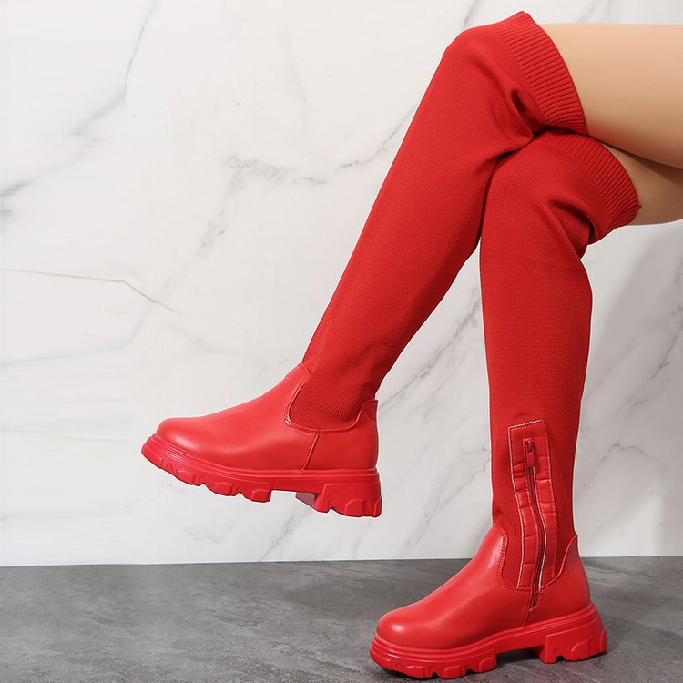 Damen Overknee-Stiefel mit zweifarbiger Plateau-Lugsohle und geripptem Strickschaft Drune