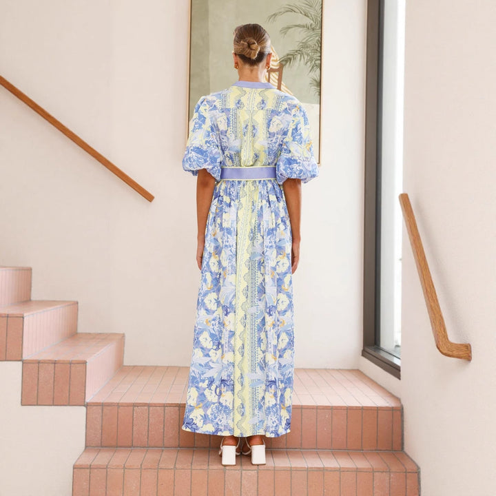 Damen Maxikleid mit floralem Knopfleisten-Design und tailliertem Gürtel Drune