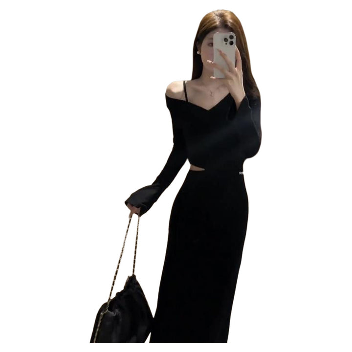 Damen elegantes Kleid mit asymmetrischem Ausschnitt und Cut-Out Drune