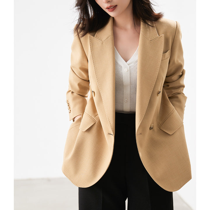 Damen Doppelreihiger strukturierter Blazer mit markantem Revers und Pattentaschen Drune
