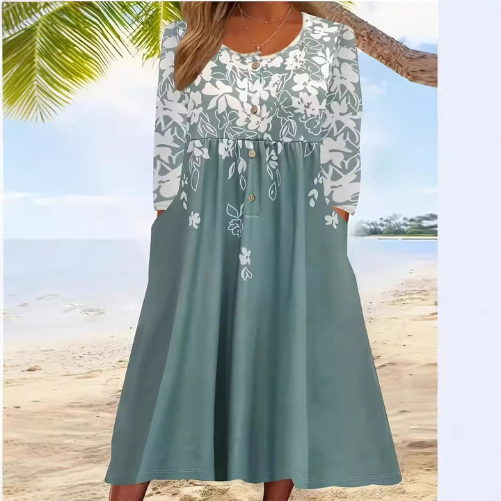 Damen Maxikleid mit V-Ausschnitt, Blumenprint, Knopfleiste und Eingrifftaschen Drune