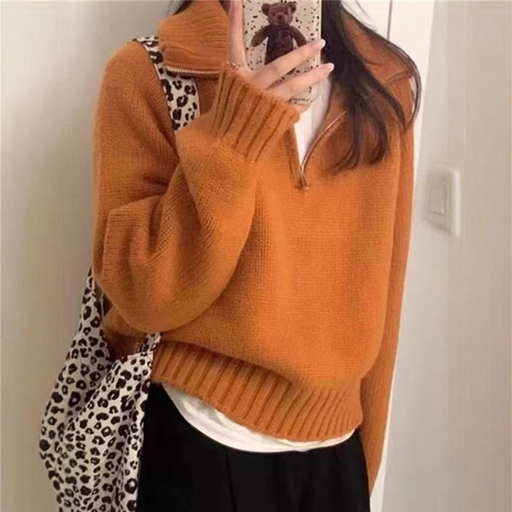 Damen Modischer Strickpullover mit hohem Kragen und Reißverschluss Drune