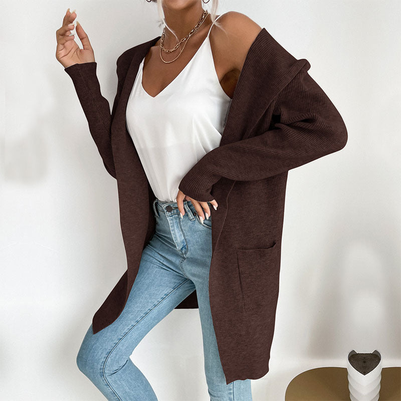Damen Langärmlige Strickjacke mit Kapuze und seitlichen Taschen Drune