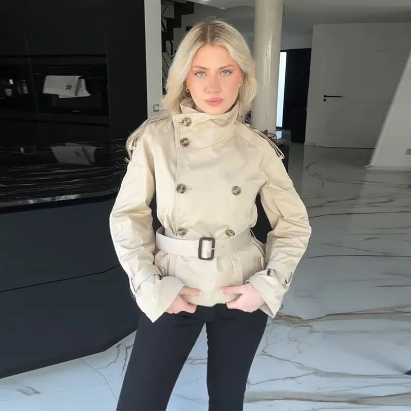 Damen Eleganter Kurz-Trenchcoat mit doppelter Knopfleiste und Taillengürtel Drune