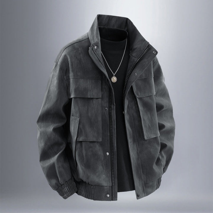 Herren Utility-Harringtonjacke in Lederoptik mit Mehrfachtaschen und elastischem Saum Drune