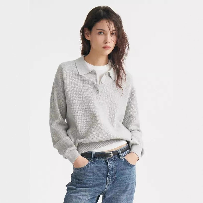 Damen Feinstrick-Polo-Sweater mit Knopfleiste und geripptem Saum Drune