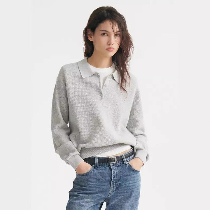 Damen Feinstrick-Polo-Sweater mit Knopfleiste und geripptem Saum Drune
