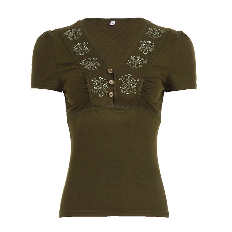 Damen T-Shirt mit floralem Stickmuster und Knopfleiste Drune