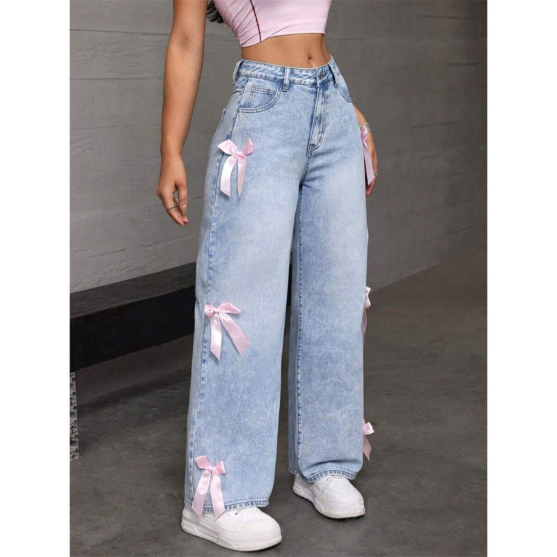 Damen Weite Jeans mit dekorativen Schleifen-Details Drune