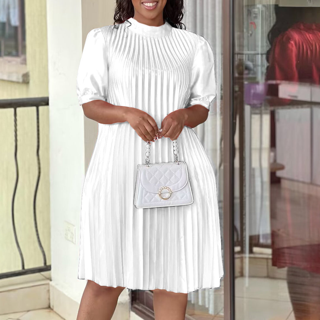 Damen Plissee Kleid mit Bindeband und halbarmigen Ärmeln Drune