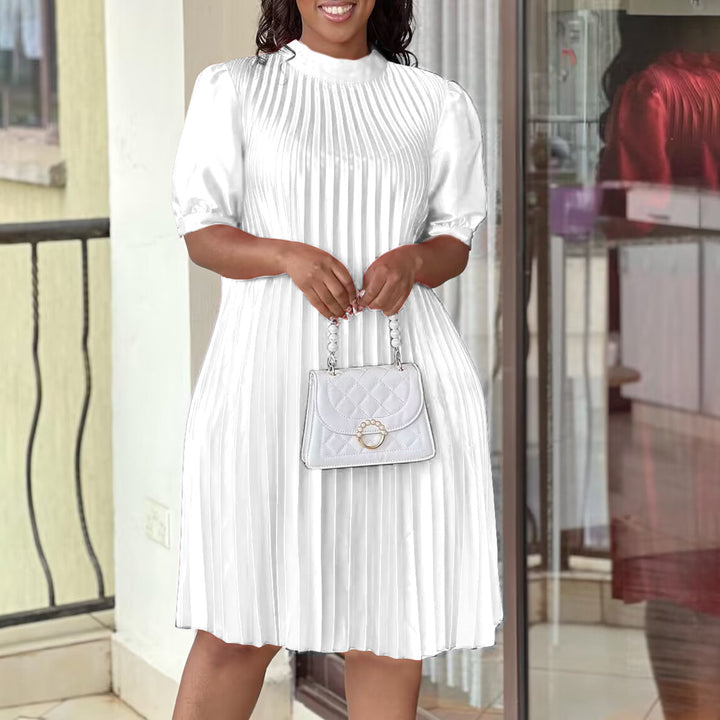 Damen Plissee Kleid mit Bindeband und halbarmigen Ärmeln Drune