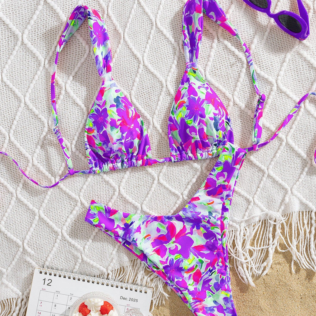 Damen Triangel-Bikini mit buntem Blumendesign und verstellbaren Trägern Drune