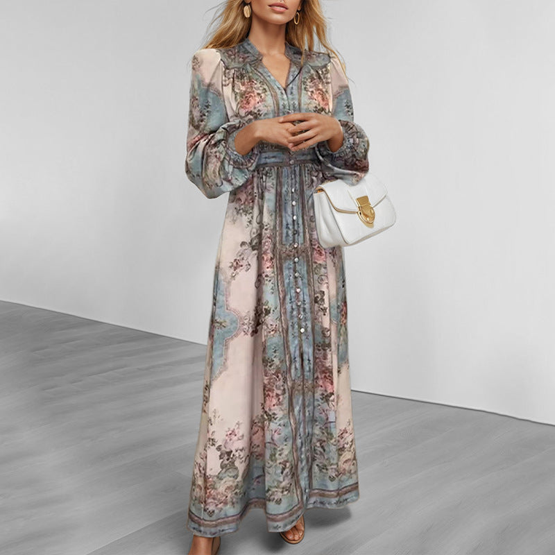 Damen Elegantes Maxikleid mit kunstvollem floralem Design und tailliertem Gürtel Drune