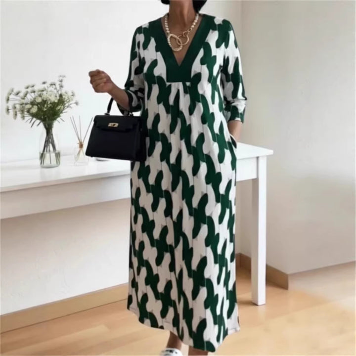 Damen lässiges Maxikleid mit elegantem V-Ausschnitt und praktischen Seitentaschen Drune