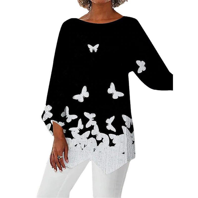Damen asymmetrisches A-Linien-Tunika mit ornamentalem Druck und spitzem Saum Drune