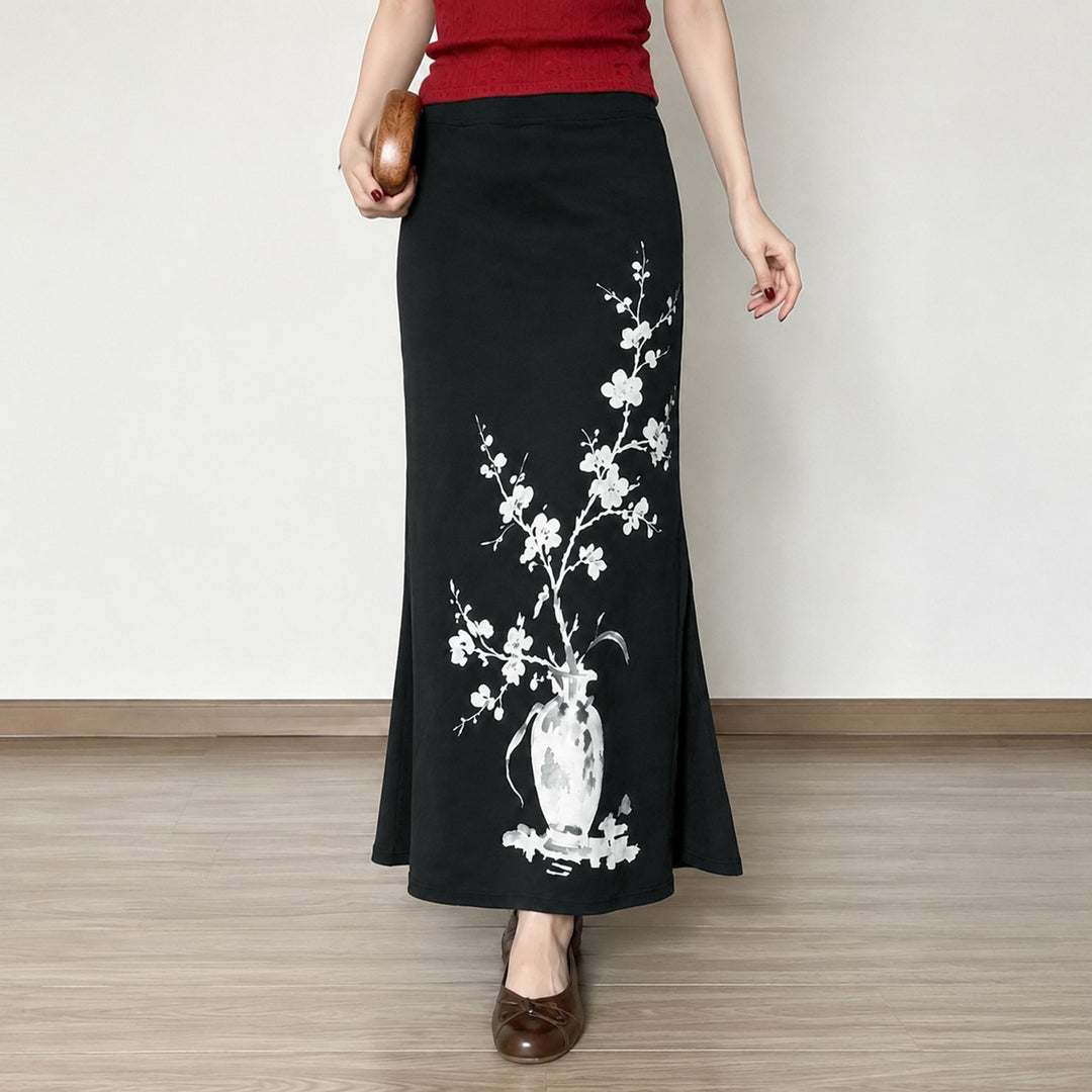 Damen Schlanker Maxirock mit künstlerischem Vase‑Blütenprint und seitlichem Schlitz Drune