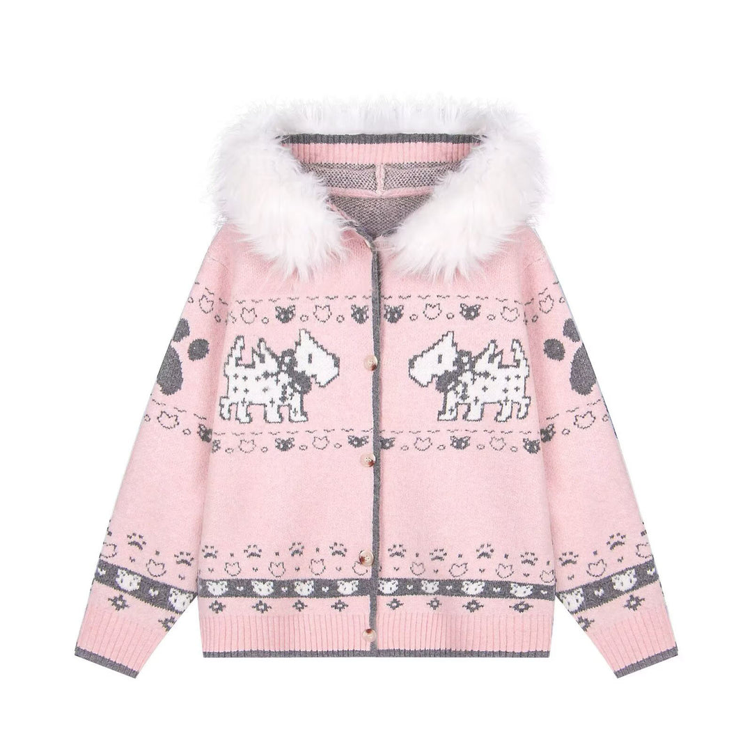 Damen Gemütliche Strickjacke mit Tiermuster und Pelzkragen Drune