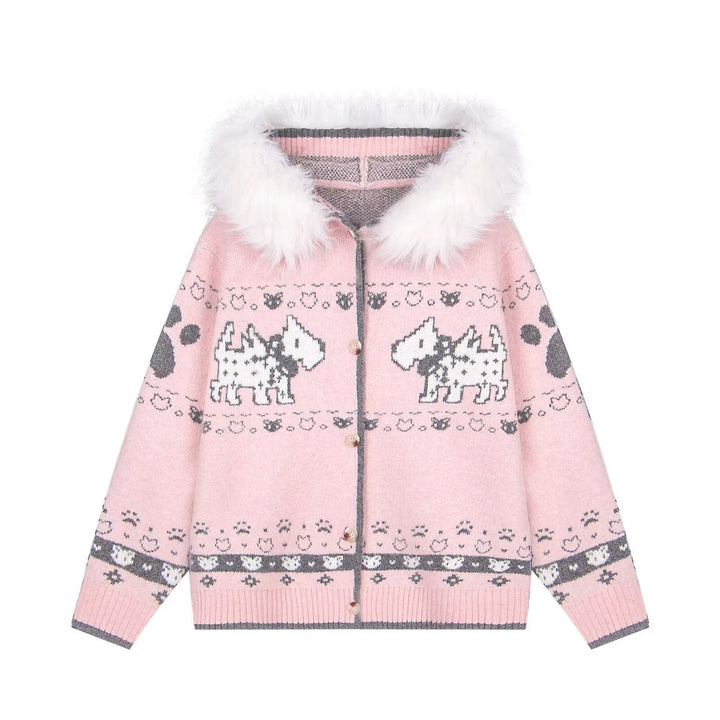 Damen Gemütliche Strickjacke mit Tiermuster und Pelzkragen Drune