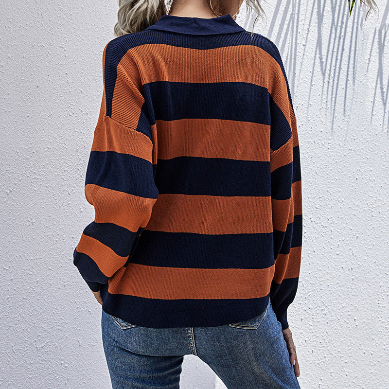 Damen Eleganter Pullover mit Polo-Kragen und Streifen Drune