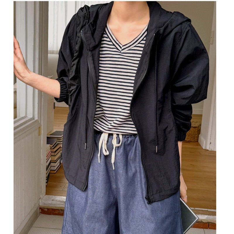 Damen lässige Windbreaker-Jacke mit verstellbarem Kordelzug Drune