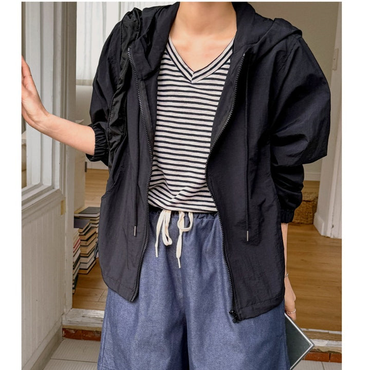 Damen lässige Windbreaker-Jacke mit verstellbarem Kordelzug Drune