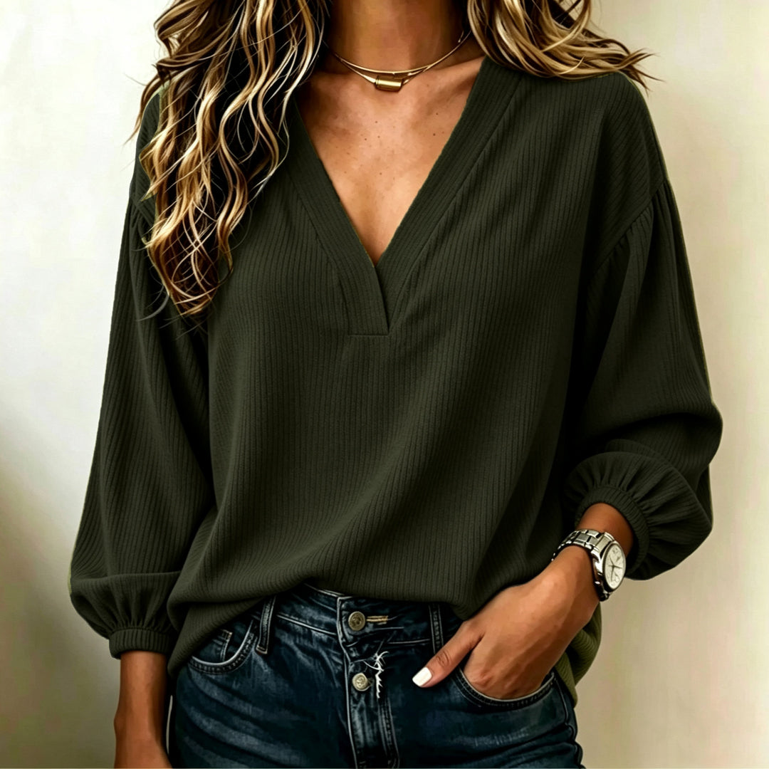 Damen Gerippter V-Ausschnitt Pullover mit Ballonärmeln Drune