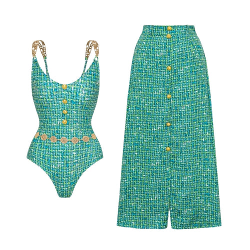 Damen Einteiler Badeanzug mit eleganter Knopf- und Gürtelapplikation Drune