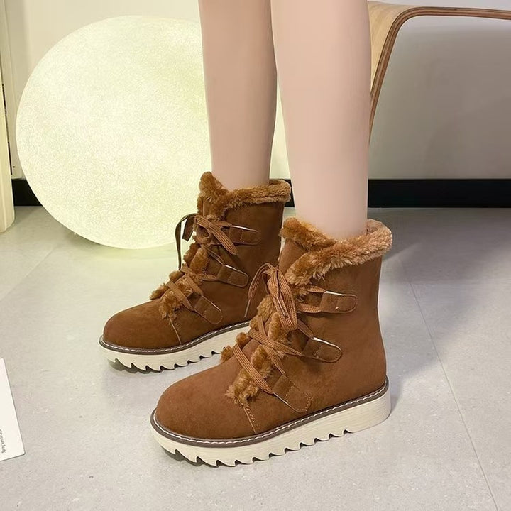 Damen nan gefütterte Schnürstiefelette mit Kunstfellkragen, elastischen Schlaufendetails und gezahnter Profilsohle Drune