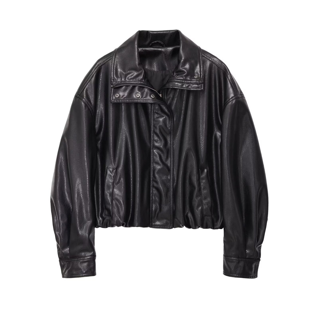 Damen Cropped-Blouson im Bomberstil aus veganer Glattlederoptik mit hohem Stehkragen Drune