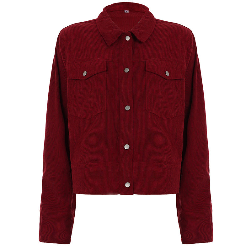 Damen Kurzgeschnittene Cord-Truckerjacke mit Druckknöpfen und aufgesetzten Brusttaschen Drune